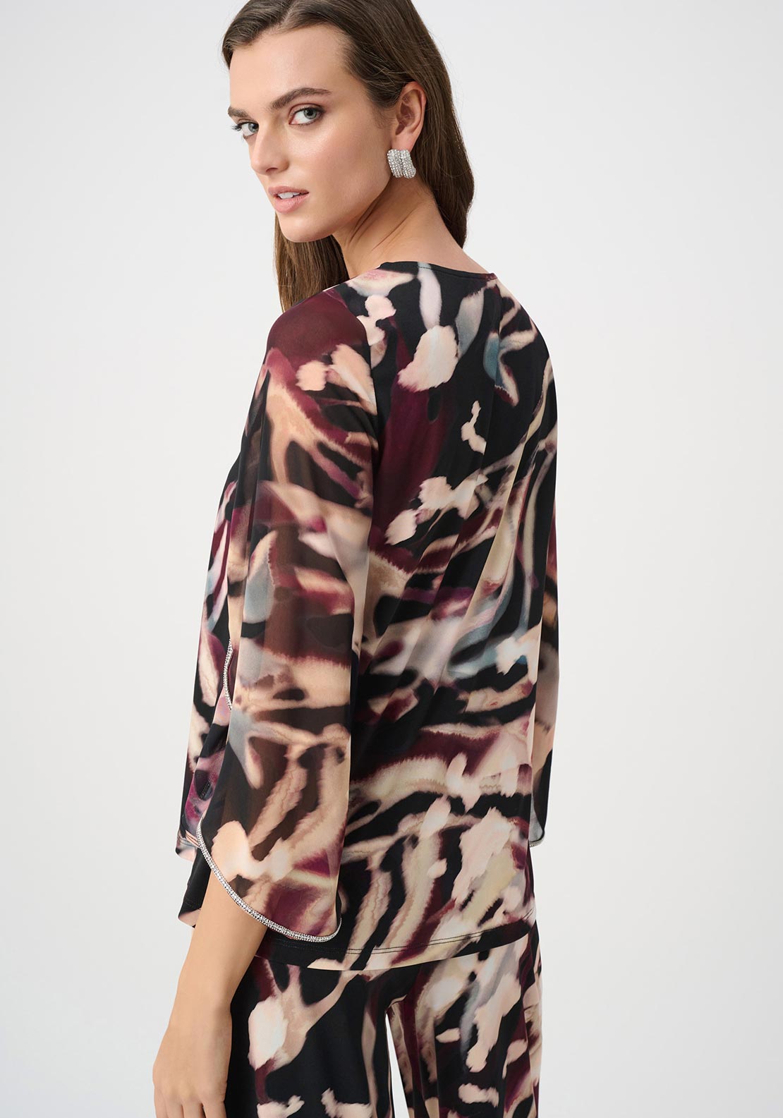 Joseph Ribkoff Chiffon Abstract Print with Rhinestone Detail Top, Black Multi