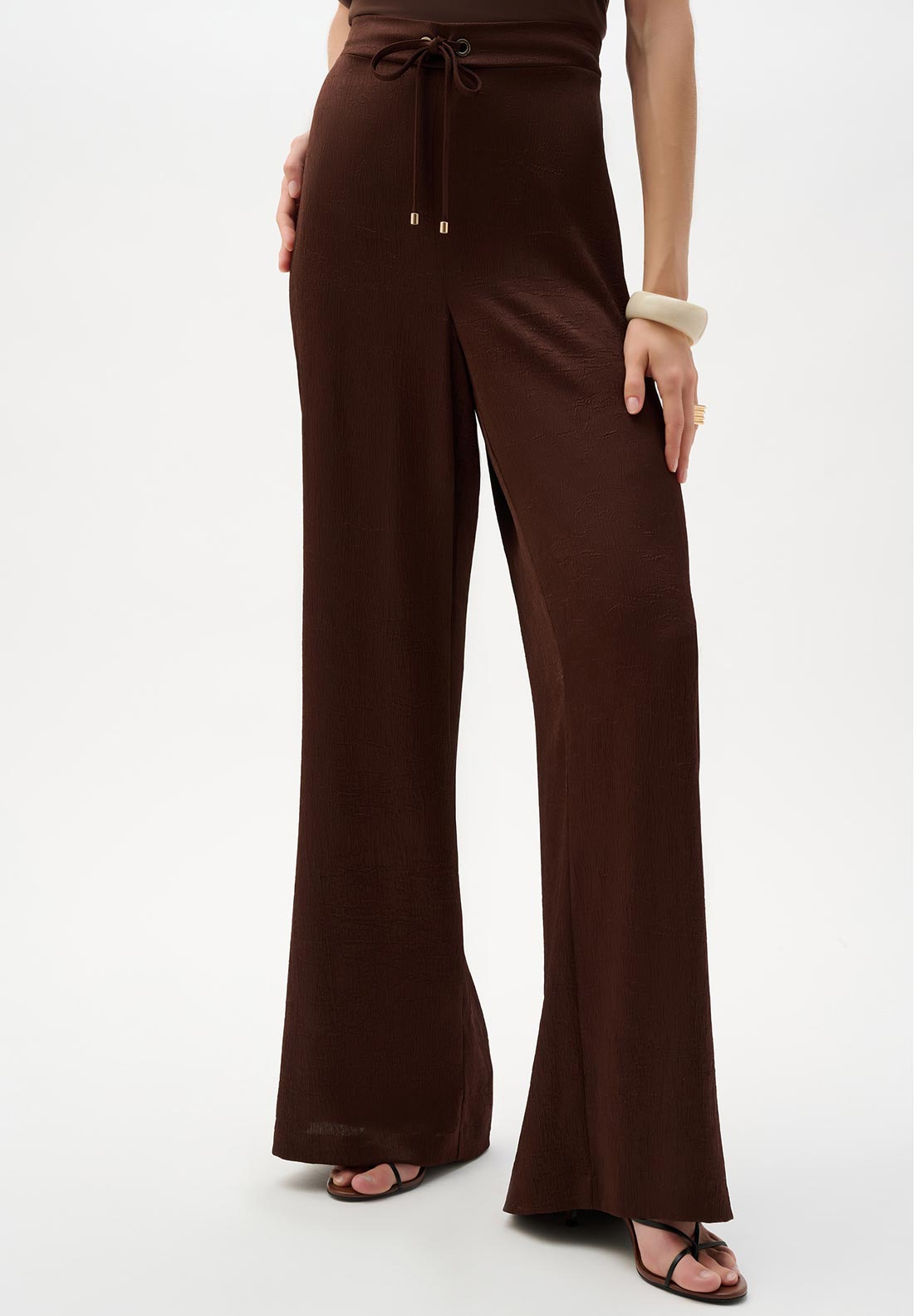 Joseph Ribkoff Crushed Satin Wide Leg Trousers, Mahogany Brown