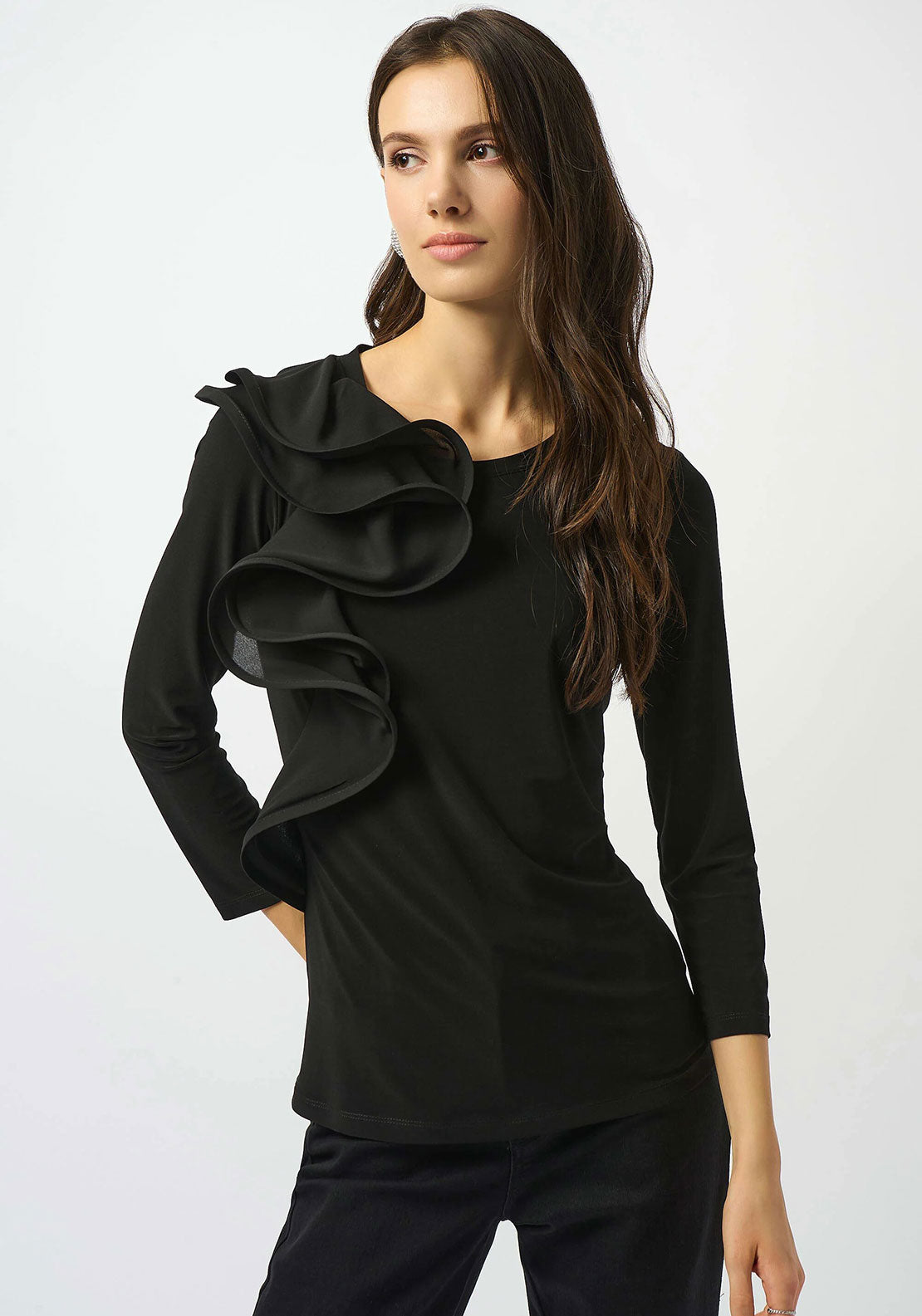 Joseph Ribkoff Ruffle Detail Cropped Sleeve Top, Black - McElhinneys