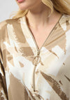 Joseph Ribkoff Satin Abstract Zip V Neck Top, Beige