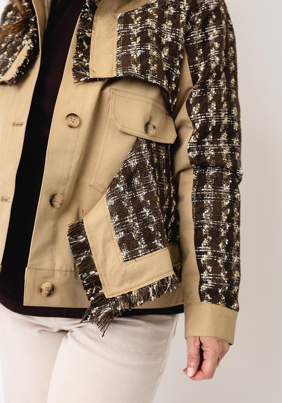 Jovonna Mixed Material Short Jacket, Beige Multi
