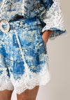 Jovonna Abstract Print with Lace Trim Shorts, Blue Multi