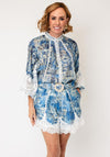 Jovonna Abstract Print with Lace Trim Blouse, Blue Multi