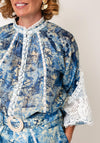 Jovonna Abstract Print with Lace Trim Blouse, Blue Multi