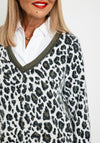 Just White Two in One Leopard Print Knit Sweater and Shirt Set, Khaki