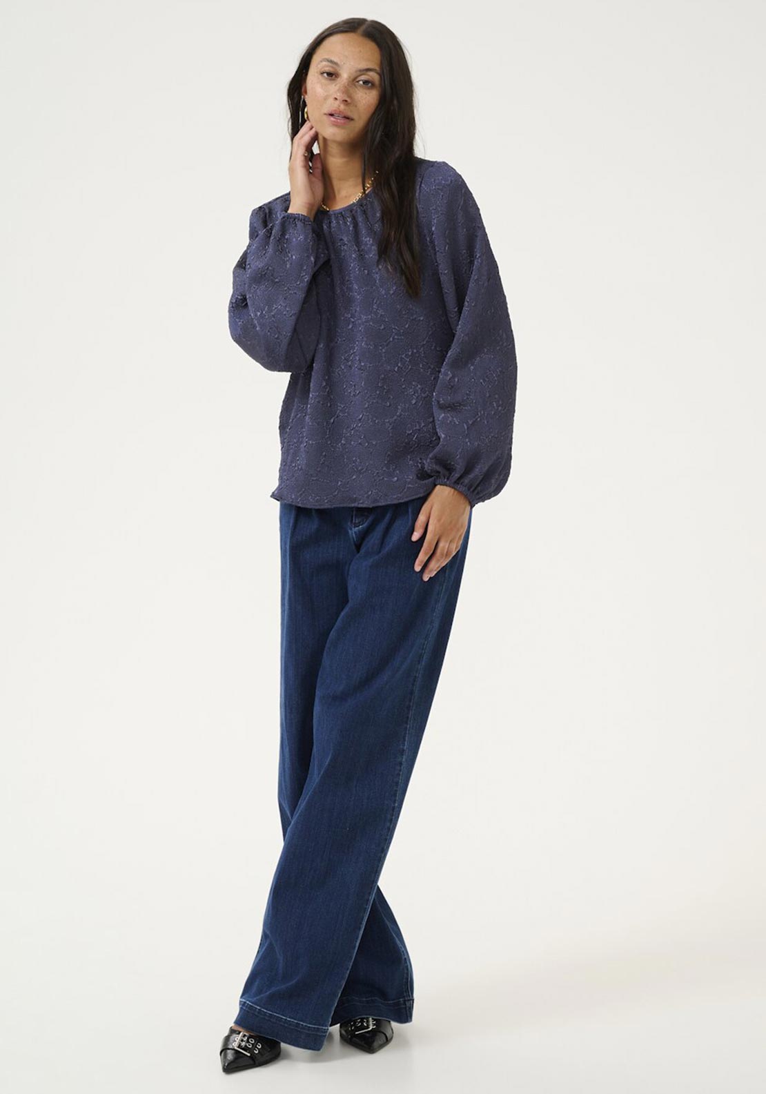 Kaffe Lauren Lace Effect Blouse, Navy