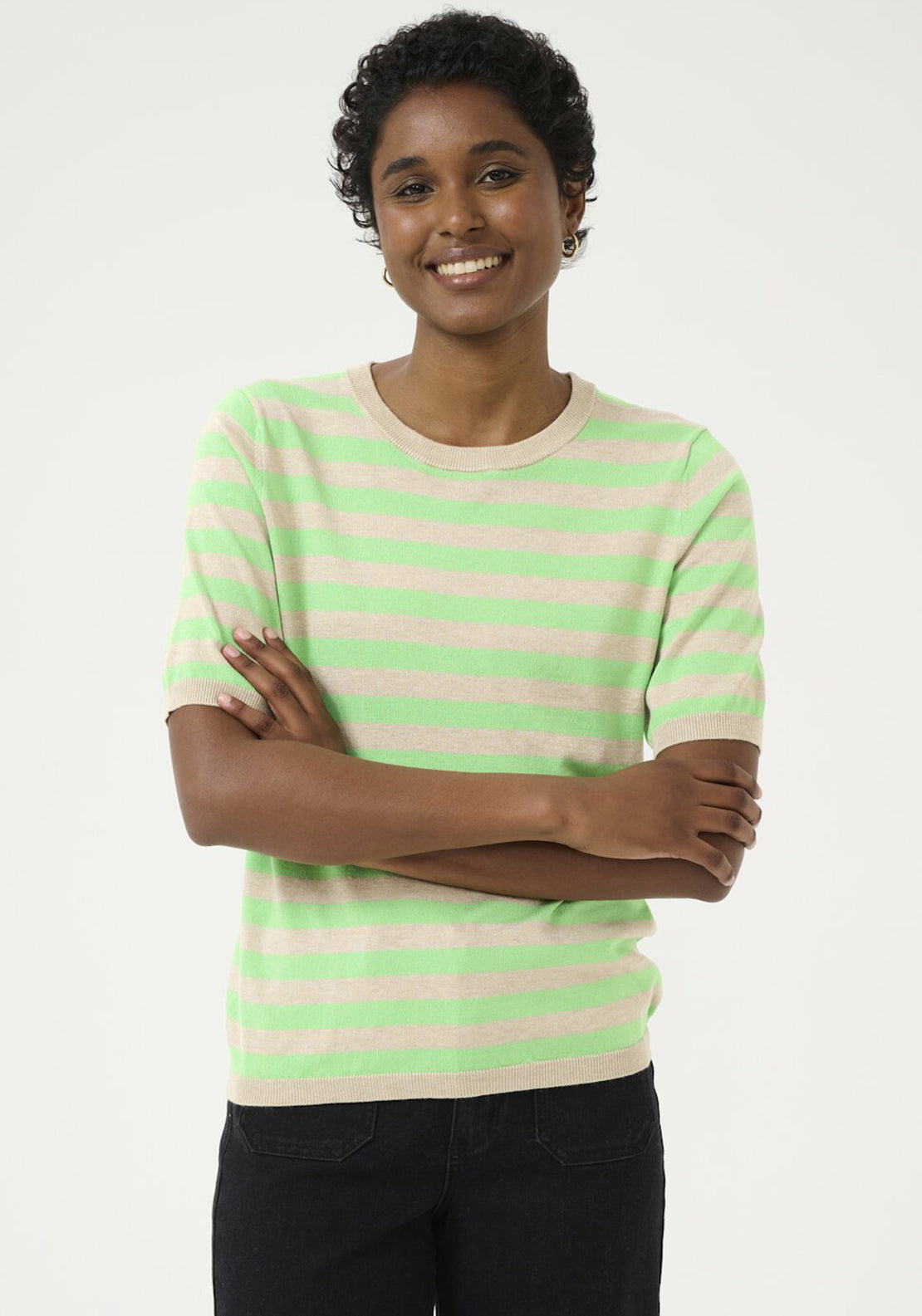 Kaffe Lizza Striped Knit Sweater, Beige and Green