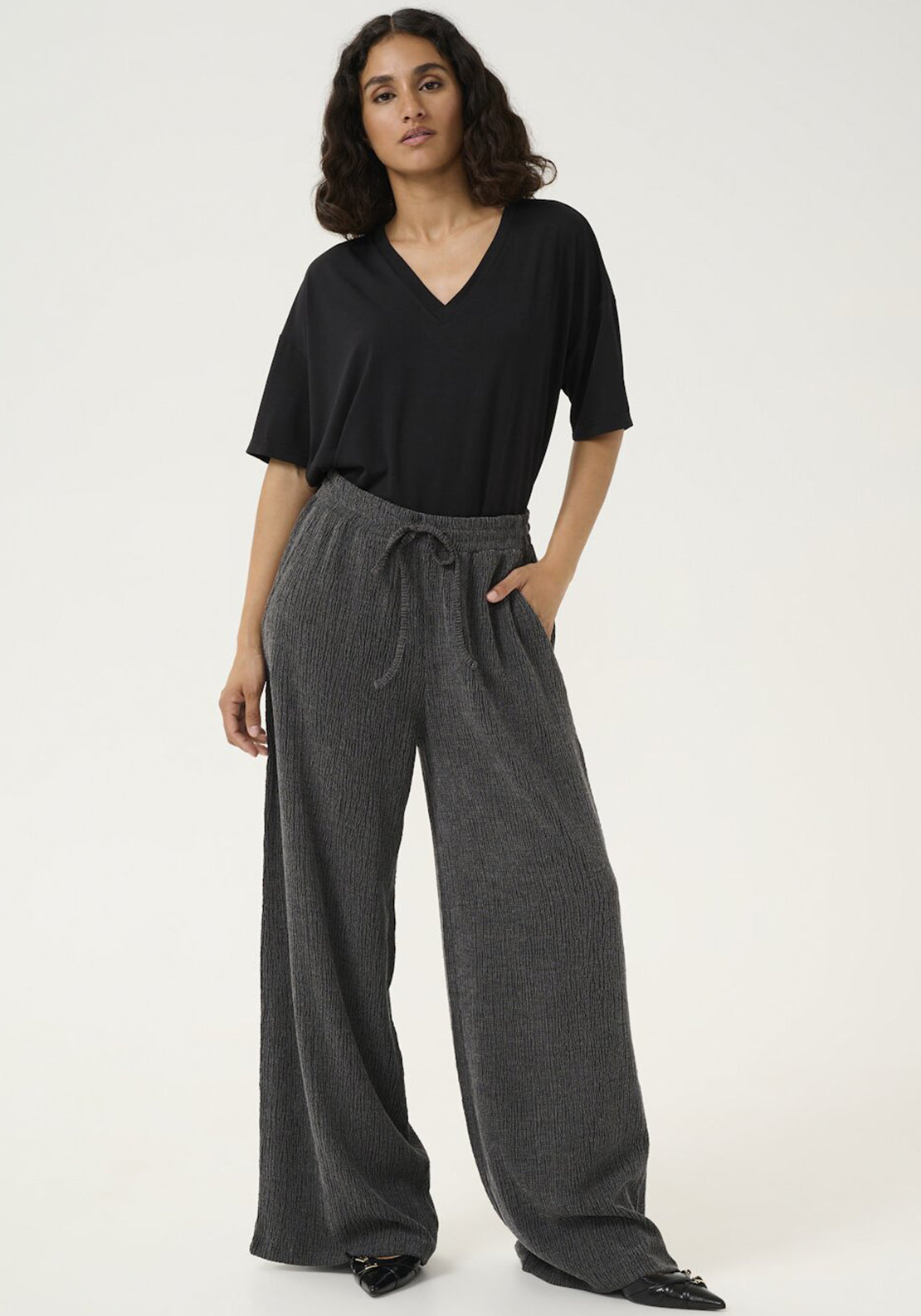 Kaffe Olga Textured Wide Leg Trousers, Grey