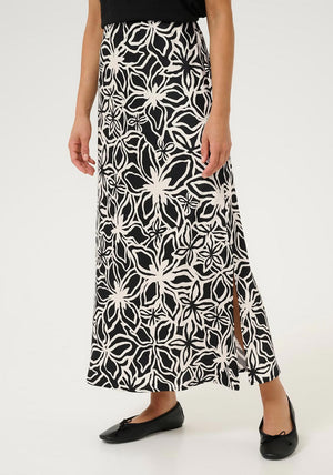 Kaffe Vera Floral Print Skirt, Black and Cream