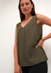Kaffe Milia Linen Blend V Neck Top, Forest Night