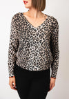 Oui Lurex Knit Leopard V Neck Top, Brown