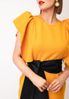Kameya Frill Sleeve Belted Pencil Dress, Mustard Yellow