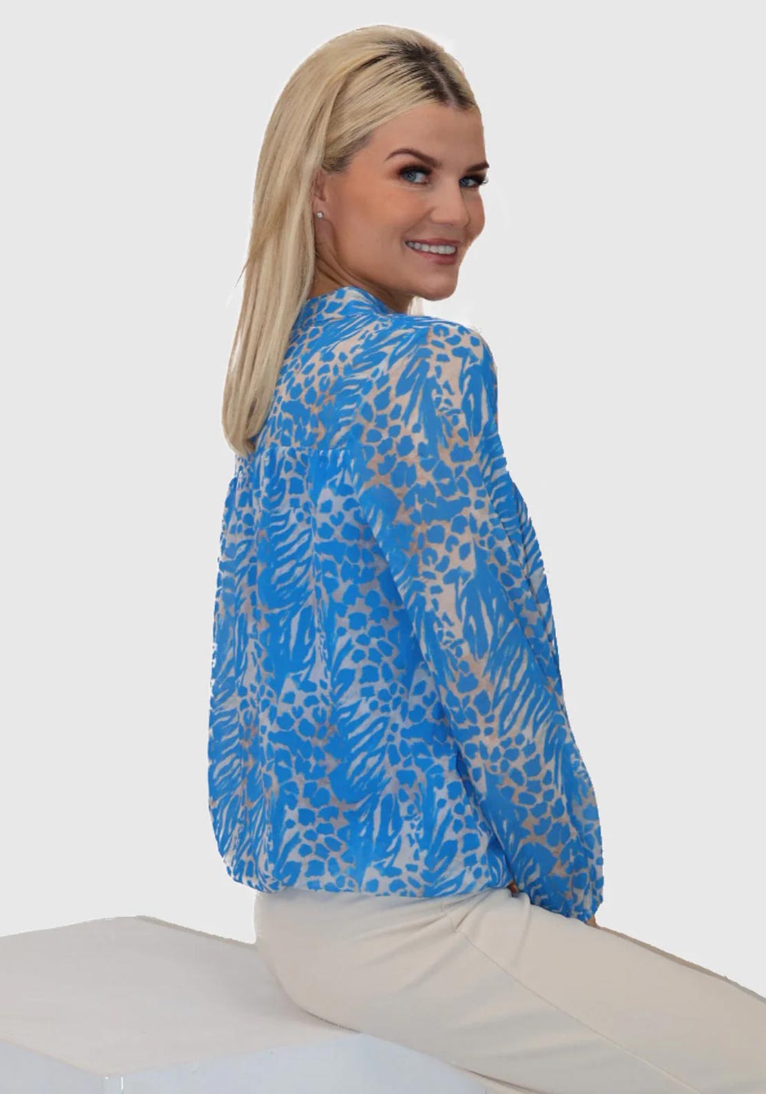 Kate and Pippa Bella Animal Print Blouse, Light Blue