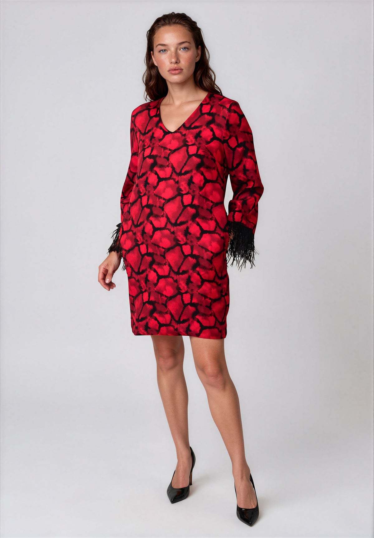 Kate and Pippa Abstract Print Feather Cuff Mini Dress, Red