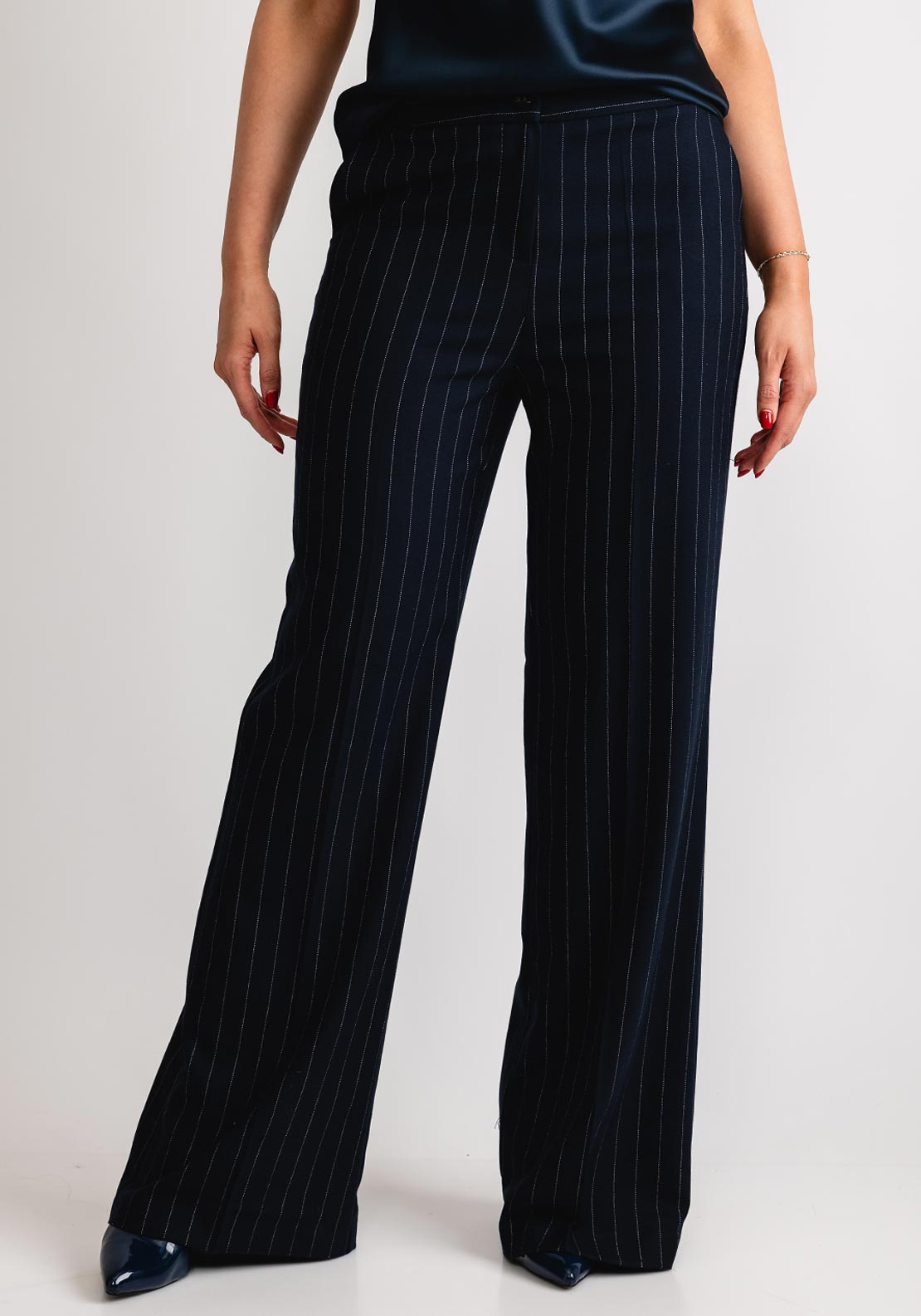 Kate & Pippa Palermo Wide Leg Trousers, Navy Pinstripe