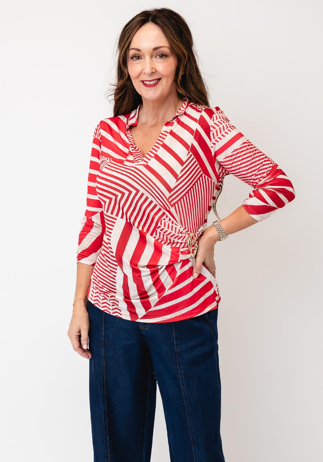 Kate & Pippa Rocco Striped V Neck Jersey Top, Red