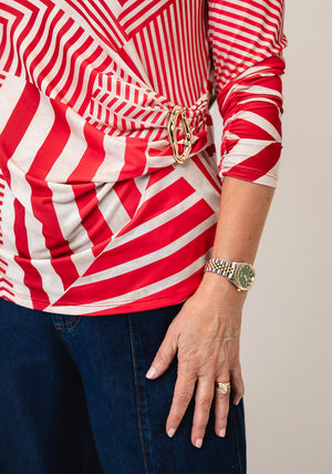 Kate & Pippa Rocco Striped V Neck Jersey Top, Red