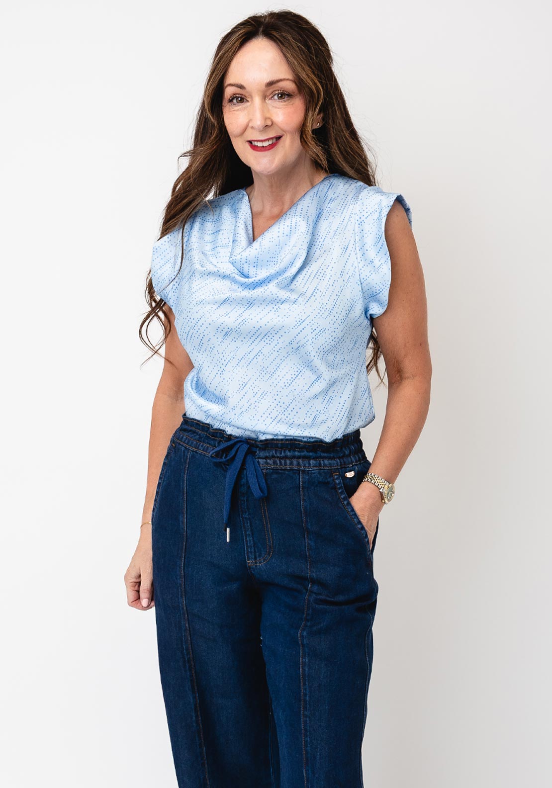 Kate & Pippa Suzy Polka Dot Cowl Neck Top, Baby Blue