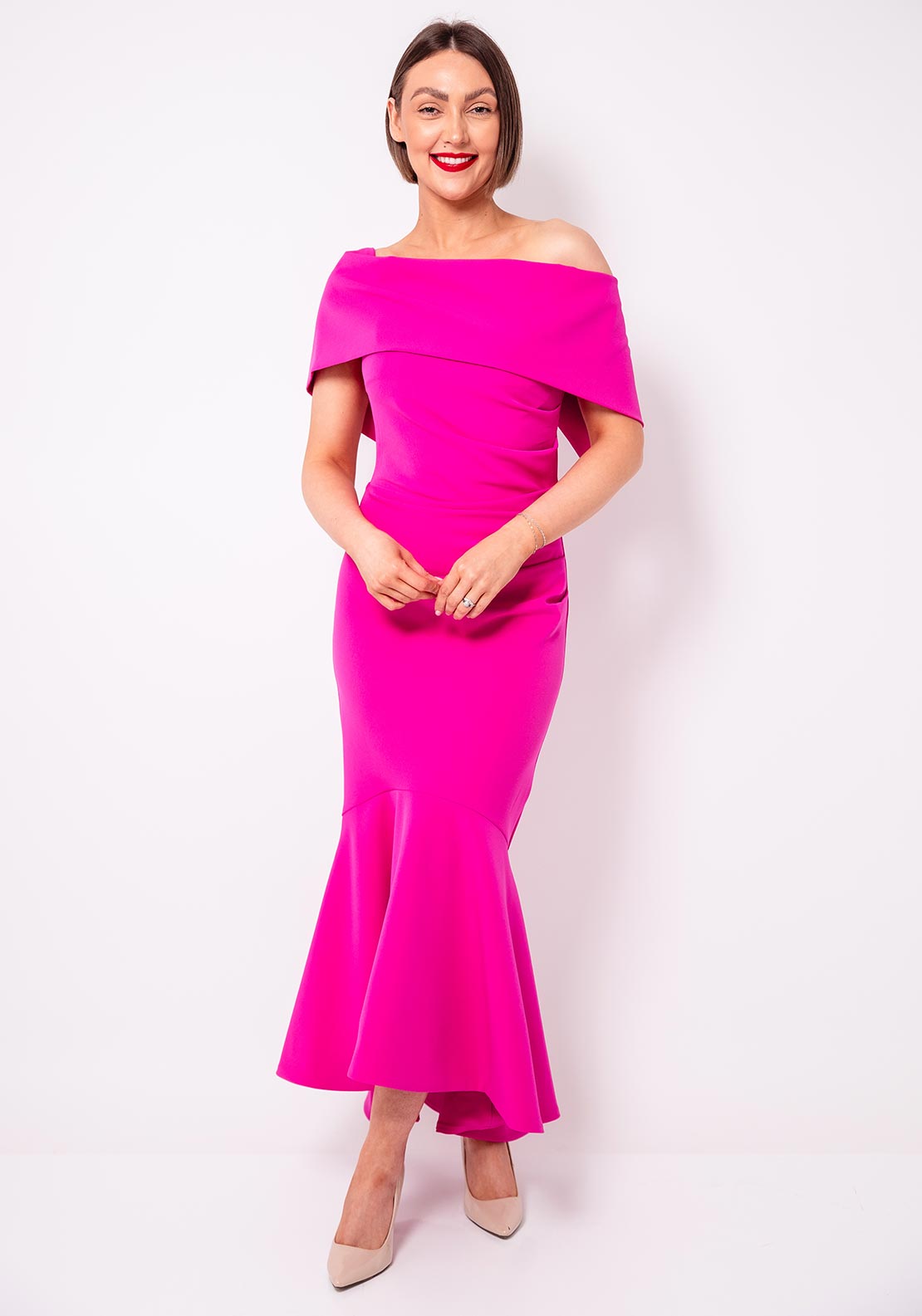 Kevan Jon Arabella Bardot Fishtail Dress, Pink