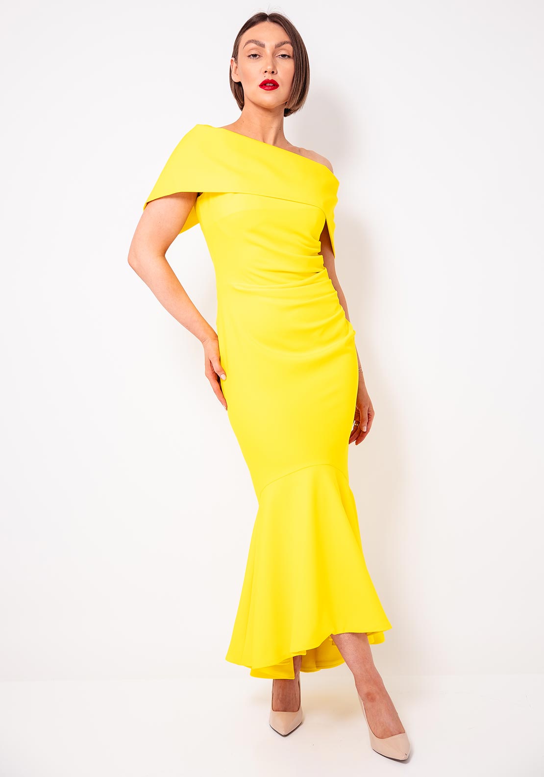 Kevan Jon Arabella Bardot Fishtail Dress, Yellow