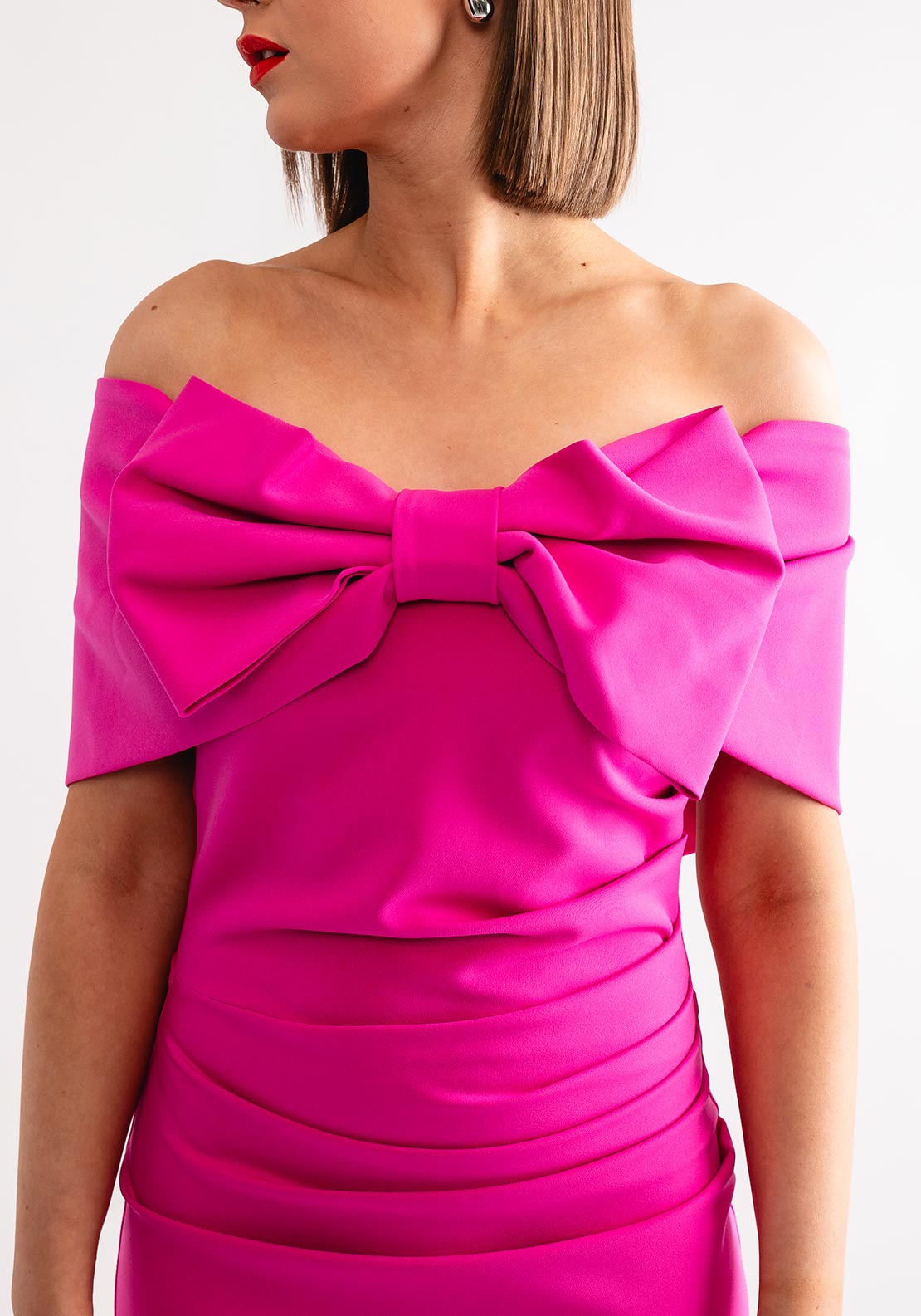 strapless open back dress Kevan Jon Bow Bardot Pencil Dress, Fuchsia Pink