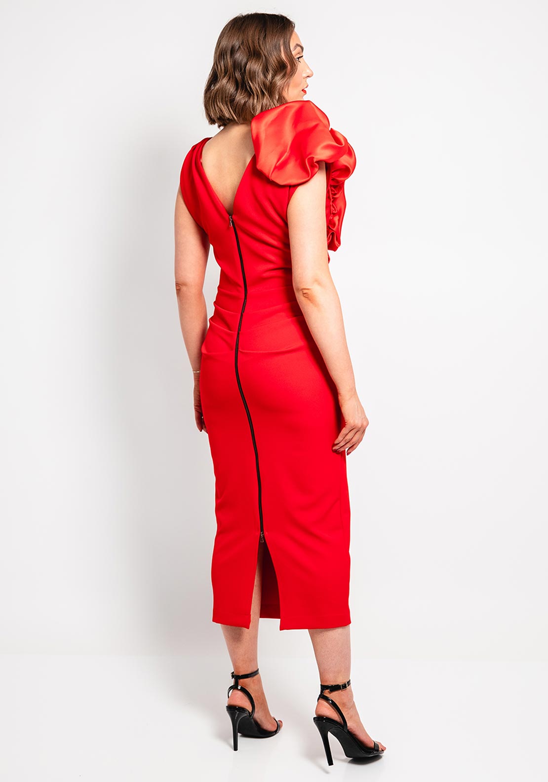 Kevan Jon Bobbie Ruffle Ruched Pencil Dress, Red - McElhinneys