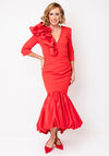 Kevan Jon Mermaid Ruffle Shoulder Midi Dress, Red