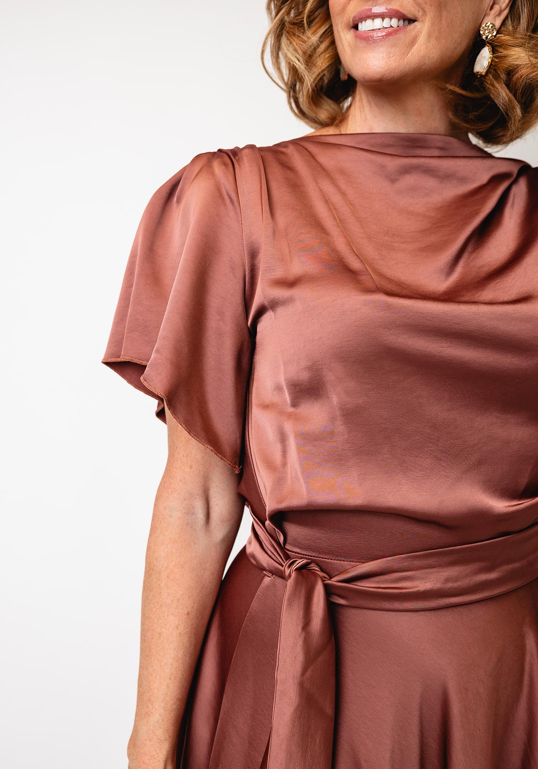 Kevan Jon Stained Glass Denver Drape Dress, Copper Brown - McElhinneys