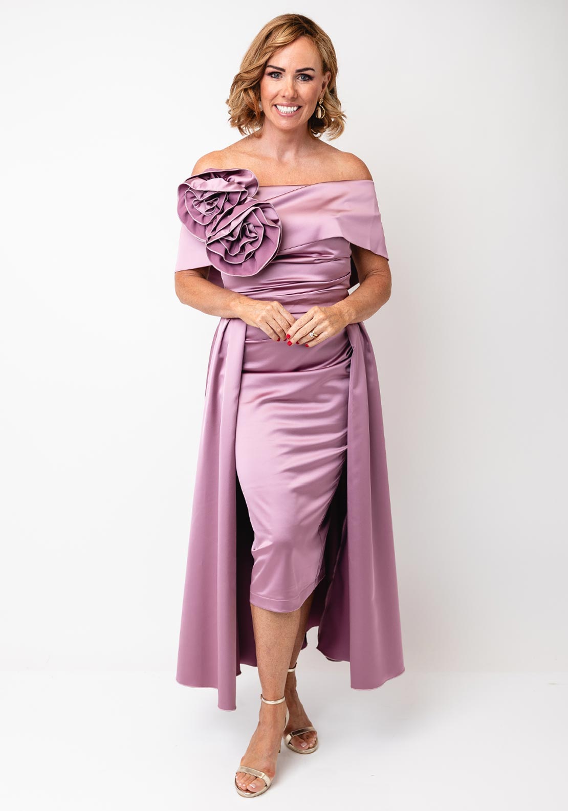 Kevan Jon Emma Corsage Satin Dress and Overskirt, Pink - McElhinneys