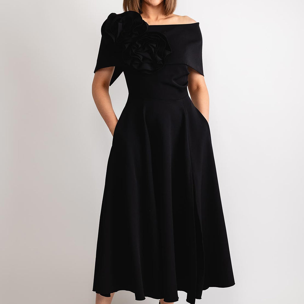 slim fit dress slacks Kevan Jon Kyoto Bardot Corsage Flare Midi Dress, Black