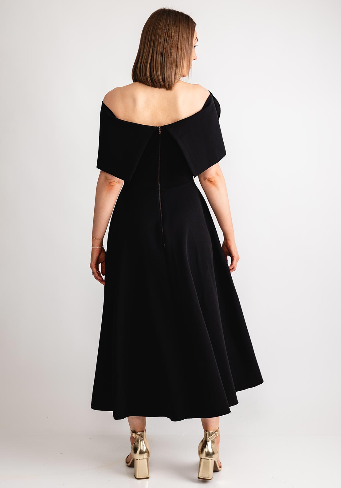 Kevan Jon Kyoto Bardot Corsage Flare Midi Dress, Black - McElhinneys