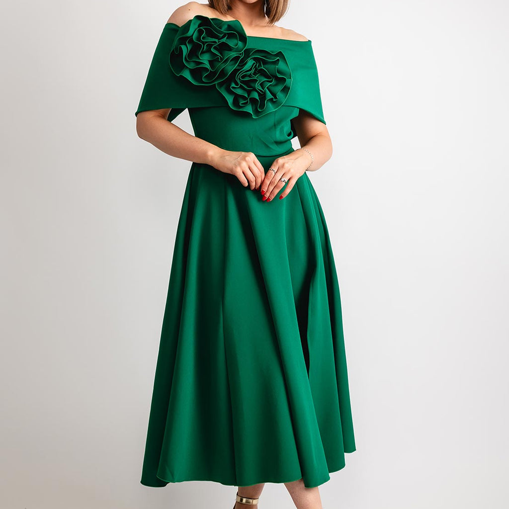 slim fit dress slacks Kevan Jon Kyoto Bardot Corsage Flare Midi Dress, Red main image 1