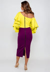 Kevan Jon Oleanna Frill Neckline Midi One-Shoulder Dress, Lime & Purple