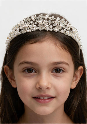 Poinsettia Floral Pearl Communion Headpiece, Silver