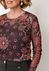 Le Comte Graphic Print Mesh Top, Brown Multi