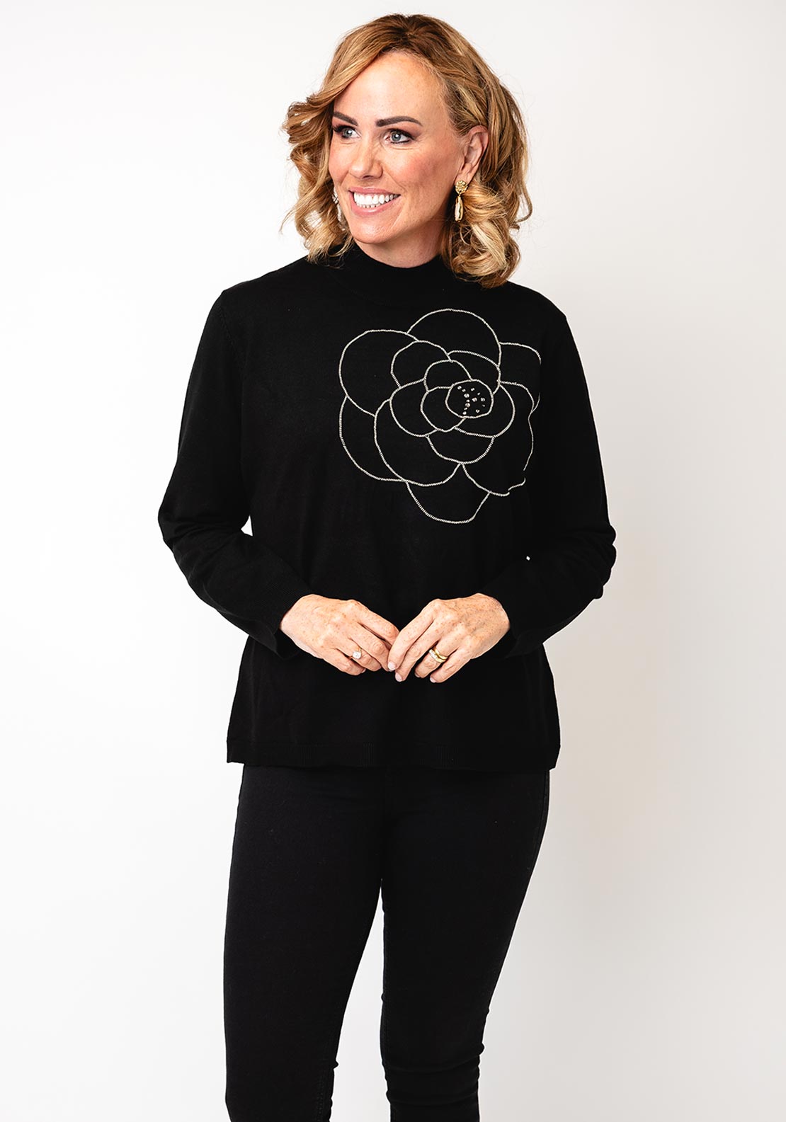 Leo & Ugo Embellished Flower Print High Neck Jumper, Black