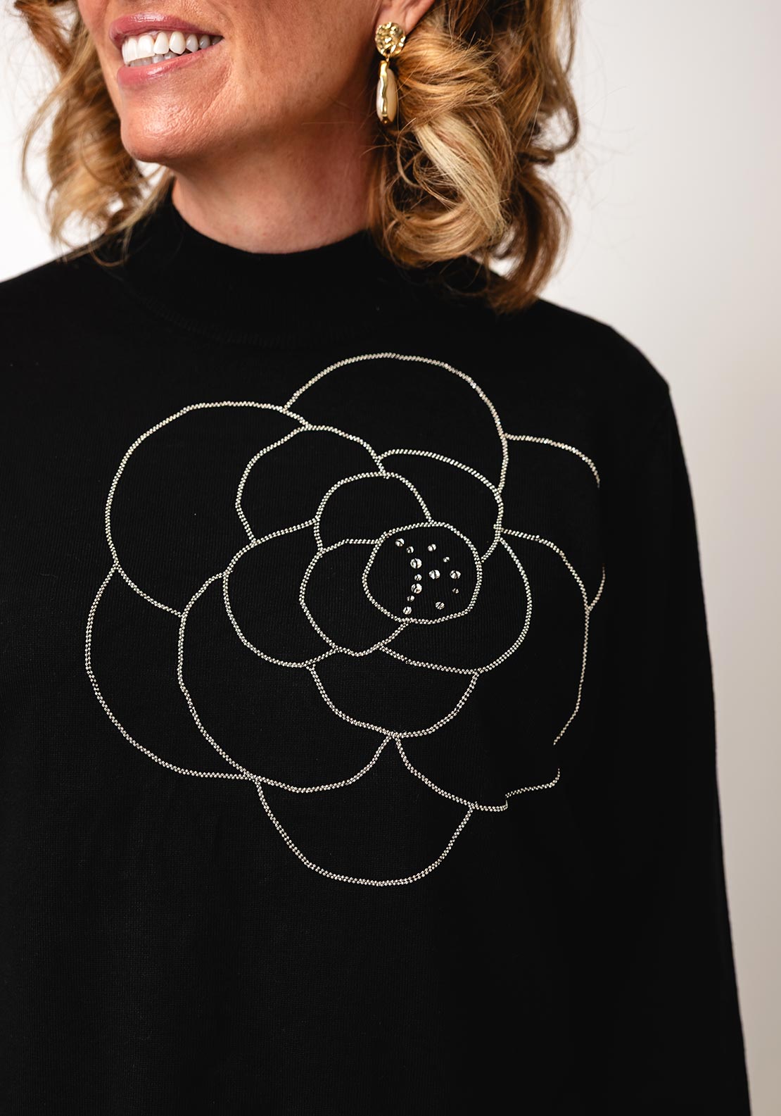 Leo & Ugo Embellished Flower Print High Neck Jumper, Black