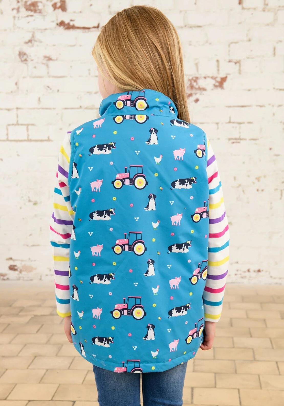 Little Lighthouse Girl Alex Farm Print Waterproof Gilet, Blue