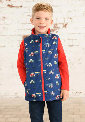 Little Lighthouse Boy Alex Tractor Print Waterproof Gilet, Navy