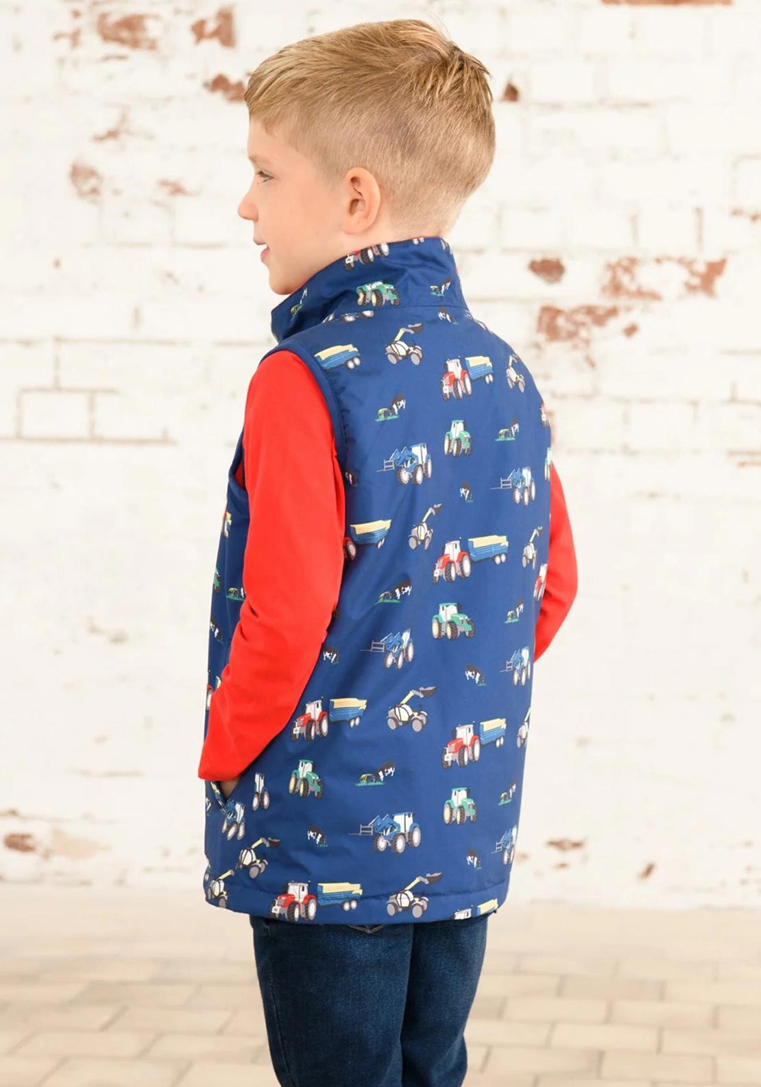 Little Lighthouse Boy Alex Tractor Print Waterproof Gilet, Navy