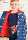Little Lighthouse Boy Finlay Tractor Print Waterproof Coat, Navy