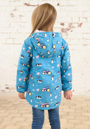 Little Lighthouse Girl Freya Farm Print Waterproof Coat, Blue