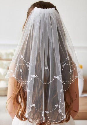 Little People Pearls and Bows Communion Veil, White