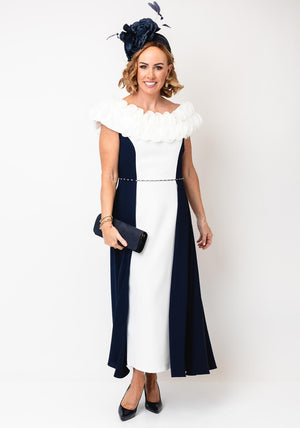 Lizabella Ruffle Bodice Cape Skirt Dress, Navy