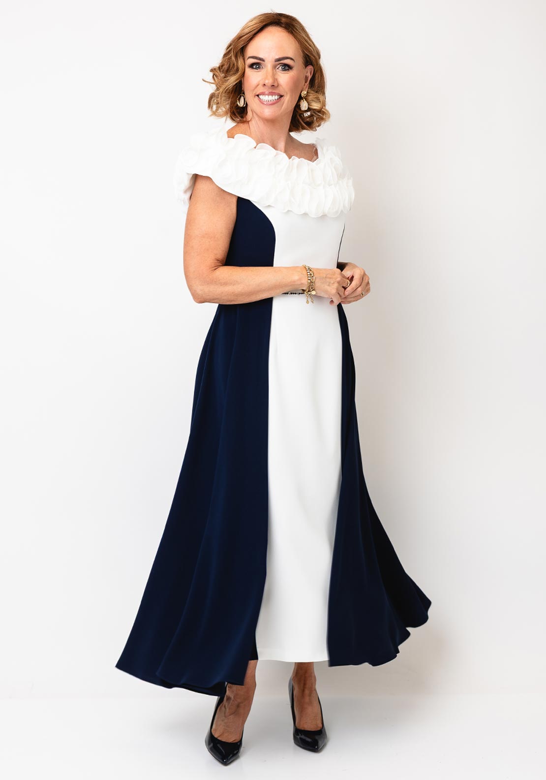 Lizabella Ruffle Bodice Cape Skirt Dress, Navy