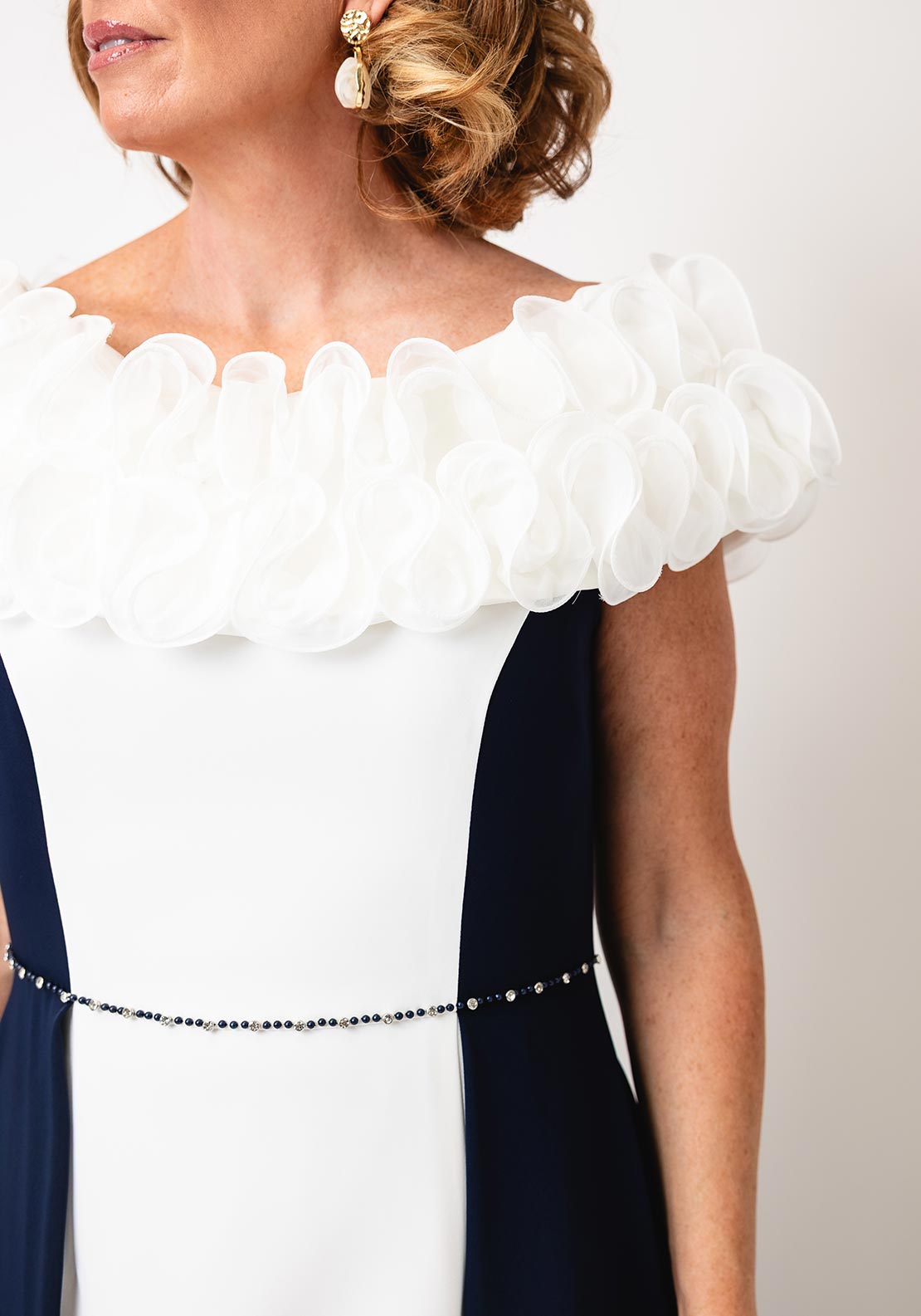 Lizabella Ruffle Bodice Cape Skirt Dress, Navy