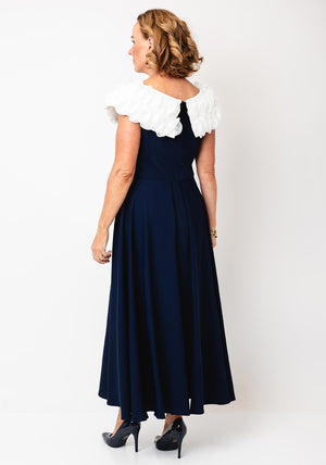 Lizabella Ruffle Bodice Cape Skirt Dress, Navy