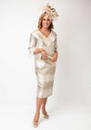 Lizabella Jacquard Feather Trim Pencil Dress, Gold