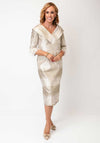 Lizabella Jacquard Feather Trim Pencil Dress, Gold