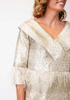 Lizabella Jacquard Feather Trim Pencil Dress, Gold